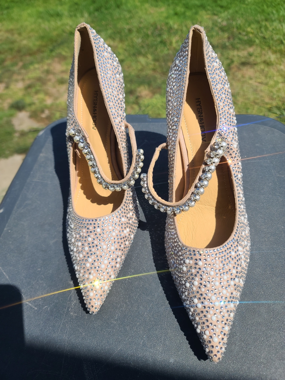 Women's Embellished Pointed Toe Pumps in Blush with Rhinestone Strap